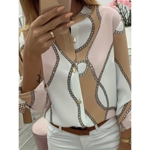 Tops - Casual Rollable Sleeve Chain Print Button Front Stand Collar Blouse, Women's Clo